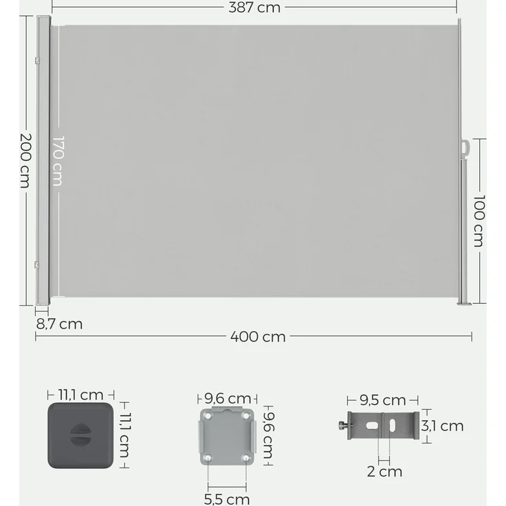 SONGMICS Seitenmarkise mit Stahl-Kasten, rostbeständig, ausziehbar, Hellgrau, 200x400 cm – Bild 3