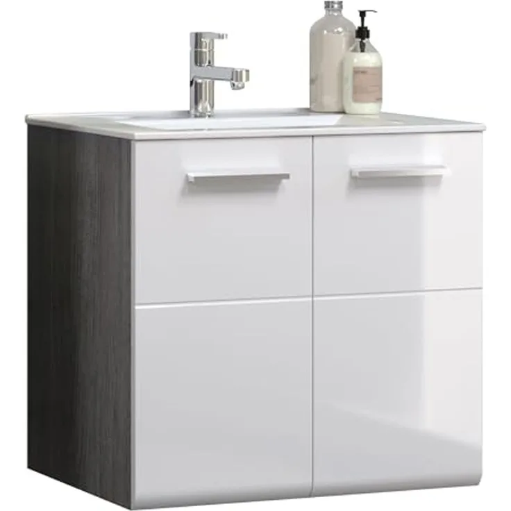 trendteam smart living - Riva - Waschbeckenunterschrank hängend - Weiß/Rauchsilber - Waschtisch mit 2 Türen und 1 Einlegeboden - (BxHxT) 60 x 57 x 46 cm - Hochglanz-Front