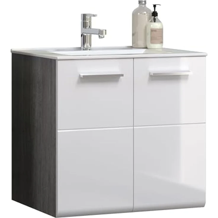 trendteam smart living - Riva - Waschbeckenunterschrank hängend - Weiß/Rauchsilber - Waschtisch mit 2 Türen und 1 Einlegeboden - (BxHxT) 60 x 57 x 46 cm - Hochglanz-Front – Bild 1