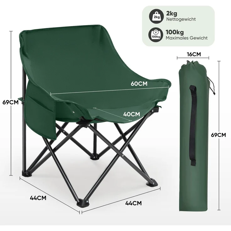 Sunula Campingstuhl Faltbar Angelstuhl Klappsessel mit Tragetasche für Garten, mit Tragetasche, Klappstuhl bis max. 100 kg, Grün – Bild 6
