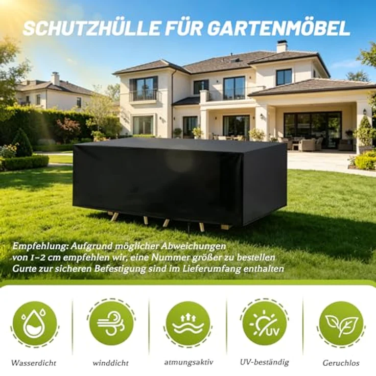 Aipwerer Abdeckung Gartenmöbel Wasserdicht, Abdeckplane für Gartenmöbel Winterfest, 420D Schutzhülle Abdeckhaube für Gartentisch Garten Möbel Tisch Rechteckig (Schwarz, 220*70*90cm) – Bild 2