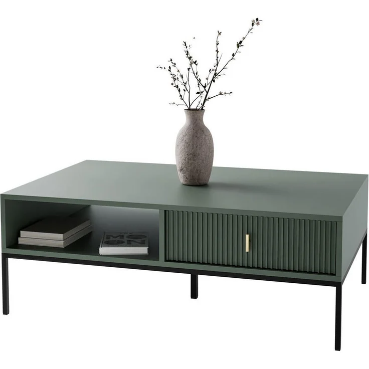 Lookway Couchtisch, Grün-Schwarz, Holzwerkstoff, 104x39x68 cm mit Schubladen und Metallgestell
