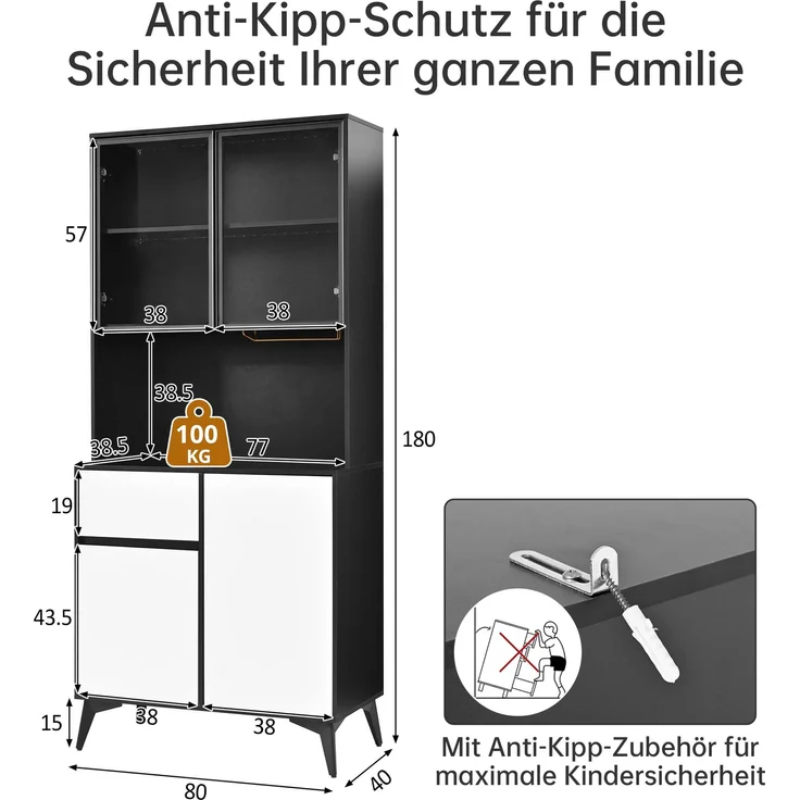 Hochschrank, Vitrine, Anrichte, Sideboard, Esszimmerschrank, Wohnzimmerschrank, Schwarz-Weiß Optik, MDF-Korpus, Glaselemente, integrierte LED-Leuchten, vielfältiger Stauraum--Schwarz, Weiß--80x40x180cm--YOUDENOVA – Bild 7