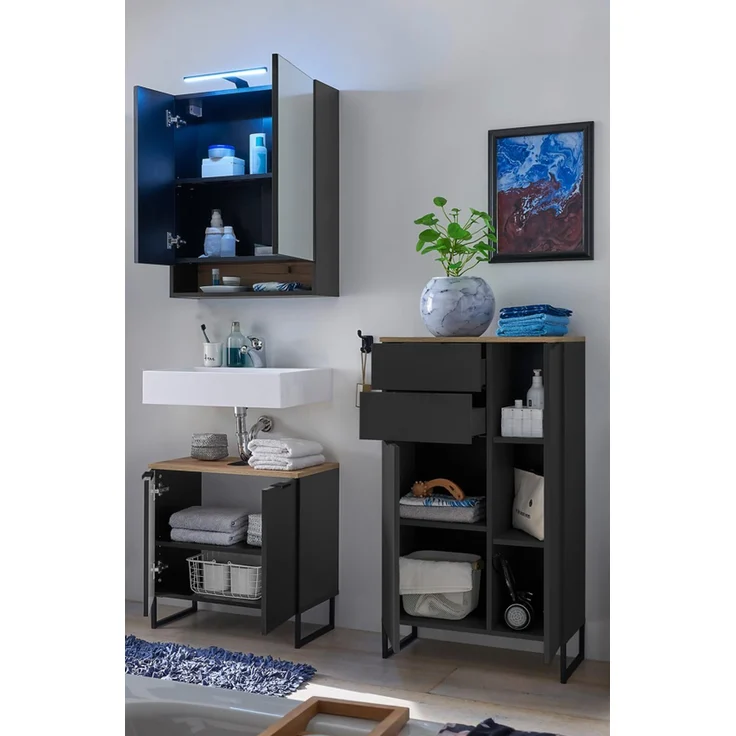 Badezimmer-Set >Denver< (3-tlg.) in schwarz / Evoke Eiche Dekor - 140x195x35 (BxHxT) – Bild 2