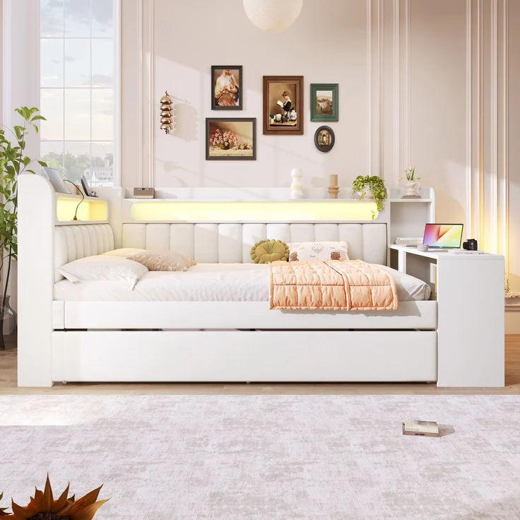 Stauraumbett mit gepolstertem Kopfteil, Schreibtisch und LED-Beleuchtung (140x200cm, Lattenrost, Regal, Gästebett, USB und Type-C), Doppelbett – Bild 2