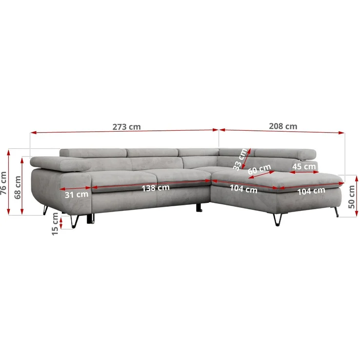 Mks Möbel 'Peter L-form' Ecksofa mit Bettfunktion, Bettkasten & einstellbaren Kopfstützen, Hellgrau, Velours, mit Topper, rechts – Bild 7