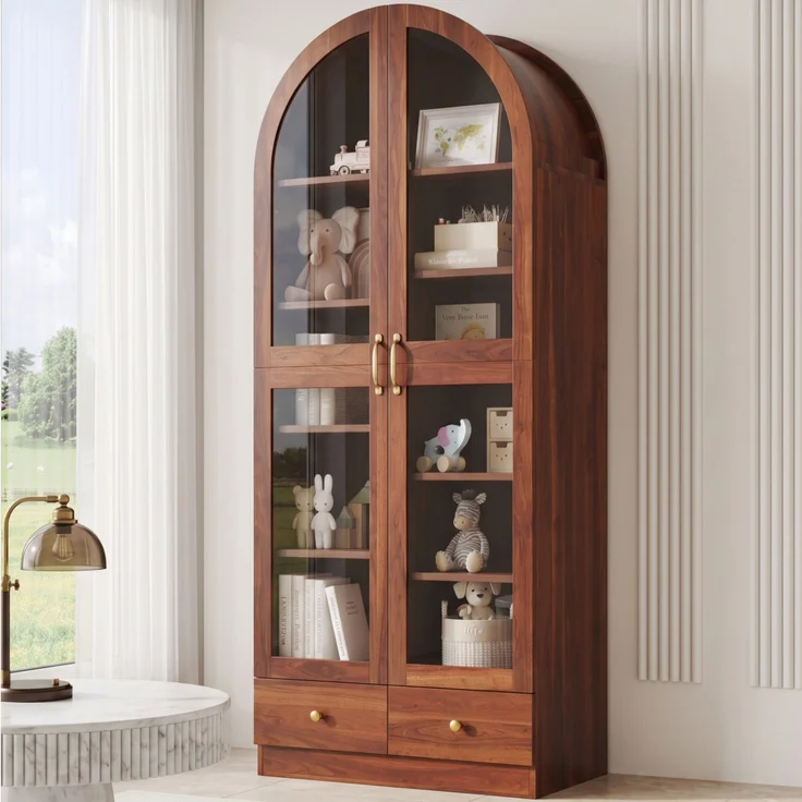 Vitrine 76 x 40 x 180 cm aus MDF und Glas, Nussbaum-Optik mit Bogenprofil – Bild 3