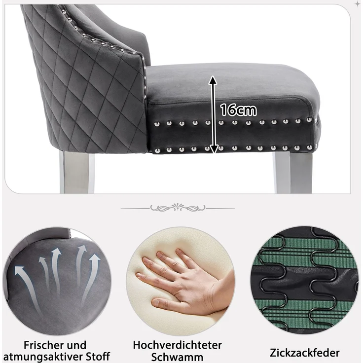 2er Set Esszimmerstuhl Samt gepolstert Massivholz & Metall, modernes Design mit Pin-Kopf Dekoration,Grau – Bild 7