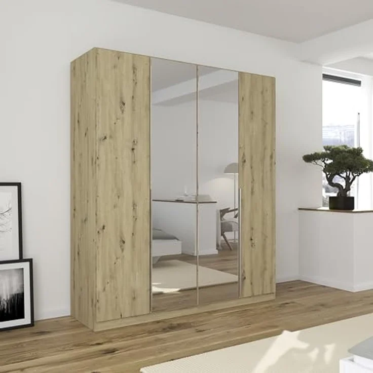 Rauch Möbel Alabama, Kleiderschrank für Schlafzimmer, Kinderzimmer, Wohnzimmer, Garderobe, Flur, 4-türig, Spiegel, mit Zubehör Classic, Farbe Eiche Artisan, Holz, Breite 181 cm – Bild 2