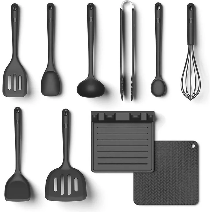 Hoffmann Germany Kochbesteck-Set 10-tlg. Küchenhelfer Pfannenwender Kochlöffel Zange (Set, 10-tlg, 10-tlg.: Pfannenwender, Kochlöffel, Zange, Kelle, Ablage u.v.m), Schöpfkelle, Schneebesen, Ablage, Untersetzer, spülmaschinengeeignet