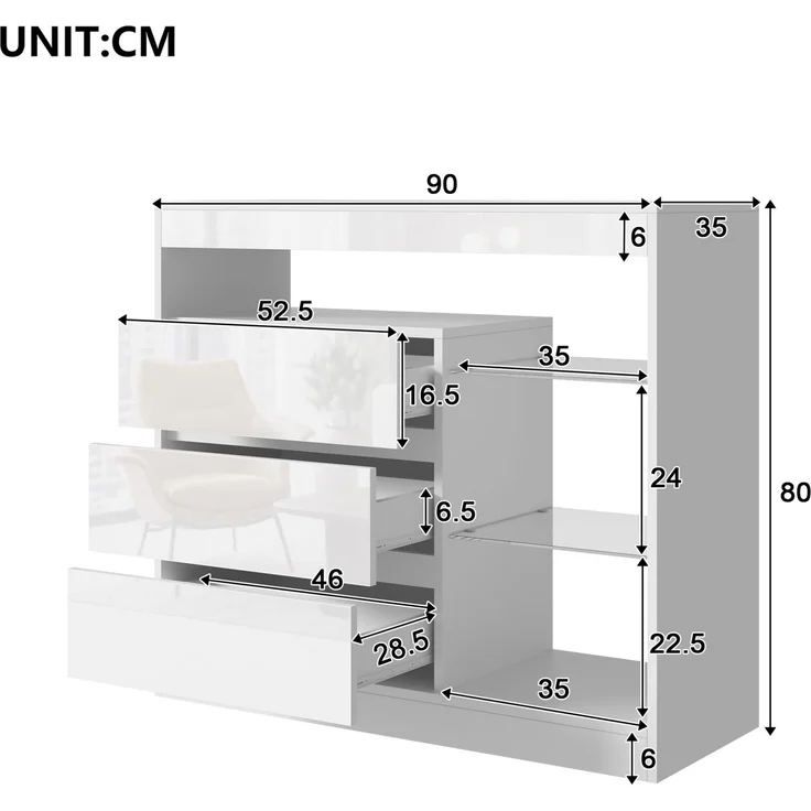 Sideboard 90 x 35 x 80 cm mit 3 Schubladen, Glasböden und LED-Beleuchtung – Weiß Hochglanz – Bild 5