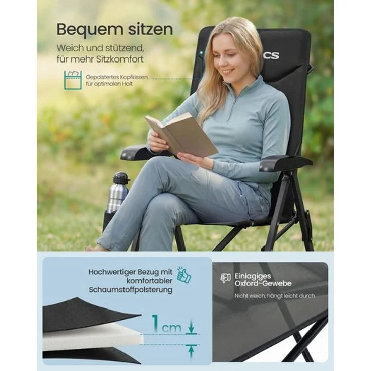 SONGMICS Campingstuhl faltbar, 2er Set, 95°-150° verstellbare Rückenlehne, Klappstuhl, drehbarer Getränkehalter, Tragetasche, Schultergurt, für Garten, Camping, Angeln, schwarz – Bild 3