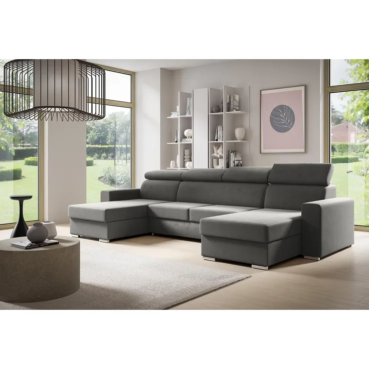 Ecksofa U-förmiges NELA Sofa mit Schlaffunktion und zwei Staufächern, Wohnzimmersofa, Couch, mit verstellbare Kopfstützen - Kronos 15, 96 x 170 x 325 cm