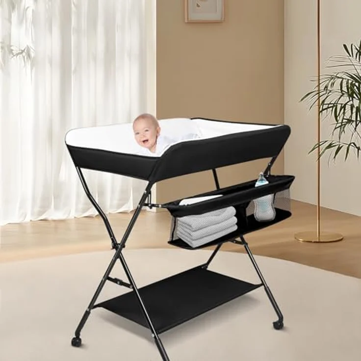Wickelstation für Baby, Wickeltisch, faltbar, tragbar, Wickeltisch, faltbar, tragbar, mit Aufbewahrungskorb, maximale Belastung von 25 kg,86 x 62 x 96 cm (Schwarz) – Bild 7