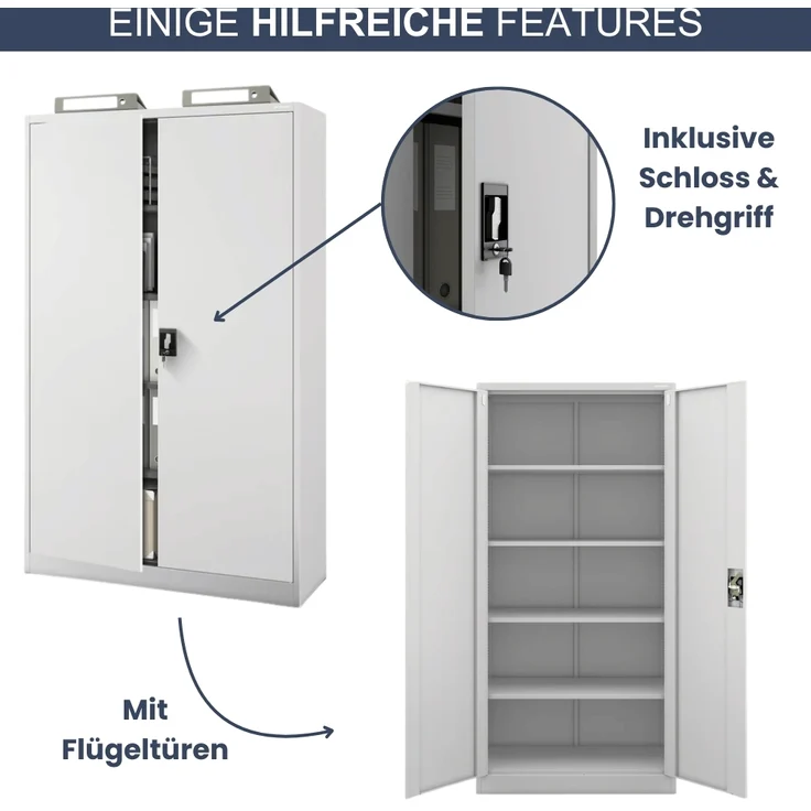 Aktenschrank abschließbar KADO - 5 Ebenen verstellbar, Flügeltüren | Metallschrank Werkstatt Mehrzweckschrank Büroschrank aus Stahl Werkzeugschrank, 185x115x40cm Grau – Bild 5