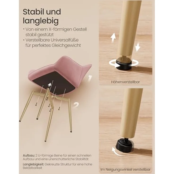 SONGMICS Esszimmerstuhl, 4er Set, Küchenstuhl, Sessel, Samt, Polsterstuhl mit Armlehnen, Loungesessel, bis 120 kg belastbar, Metallbeine, für Esszimmer, Küche, pastellrosa-blassgold LDC087R14 – Bild 9
