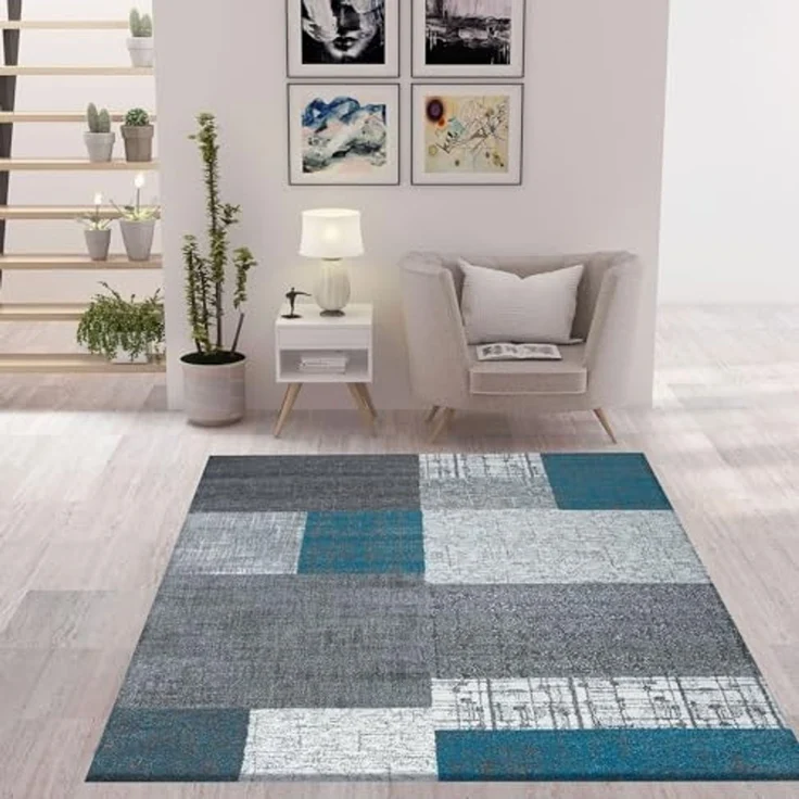 Vimoda Teppich Wohnzimmer Klassisch Karo- kariert Design, Rechteckig, Höhe: 5 mm, Läufer Kachel Optik in Türkis Grau Gelb & Lila Teppich Schlafzimmer – Bild 3