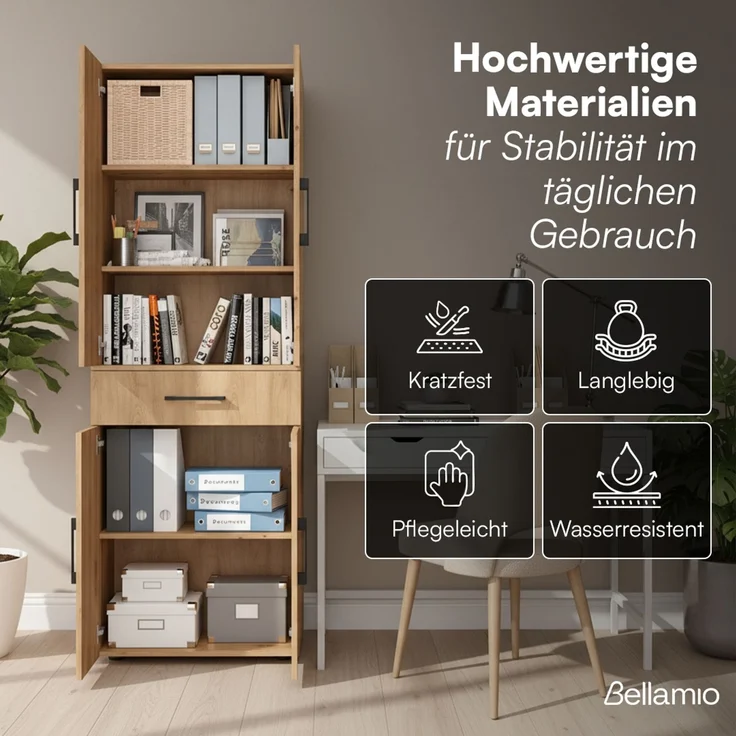 Bellamio 'Apol' Mehrzweckschrank, Eichenoptik, 176x33x60 cm, Aktenschrank mit Schublade und 5 Ablagefächern – Bild 3
