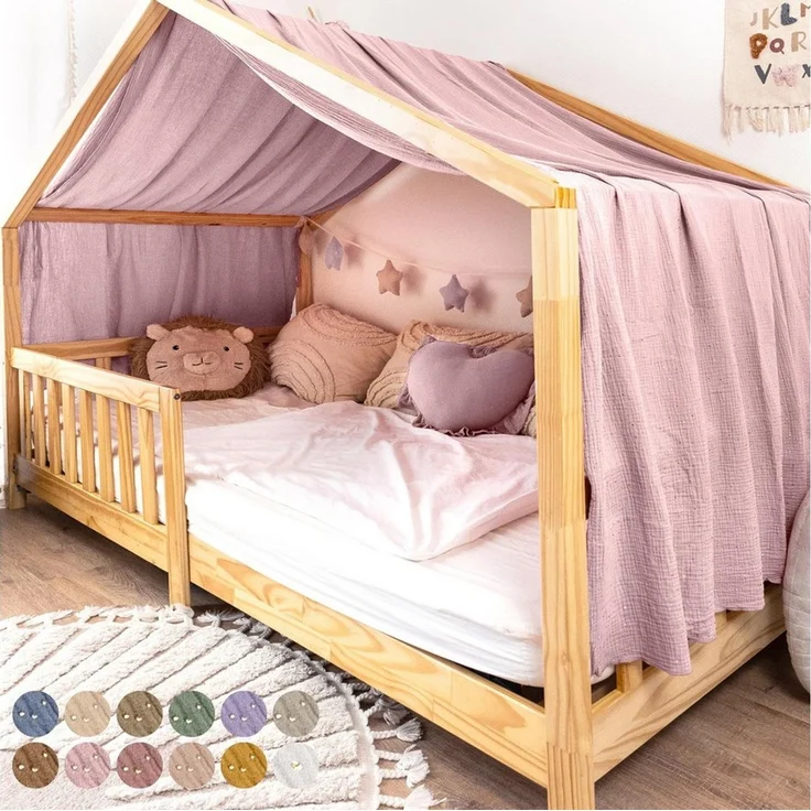 lilimaus Betthimmel Musselin Hausbett Himmel Kinderzimmer Baumwolle mit Gold, Gemütlicher Baldachin aus Baumwolle für traumhafte Kinderzimmer-Deko – Bild 1
