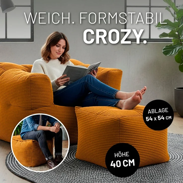 Lumaland Sitzsack-Sofa, Polyester, Pouf, Cord - Senfgelb, 40 x 54 x 54 cm – Bild 5