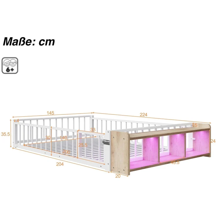 Kinderbett mit LED-Streifen, Regal, Zaun, Lattenrost und Tür, 140x200 cm, Einzelbett mit Rausfallschutz, Metallbett – Bild 6
