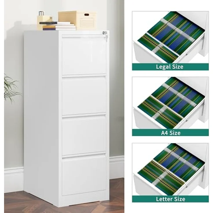 YITAHOME Aktenschrank mit 4 Abschließbaren Schubladen, Kippsicherer Rollender Aktenschrank mit Rädern für das Büro zu Hause, Unter-Pult-Aktenschränke, weiß, 62 x 45.8 x 133 cm – Bild 4
