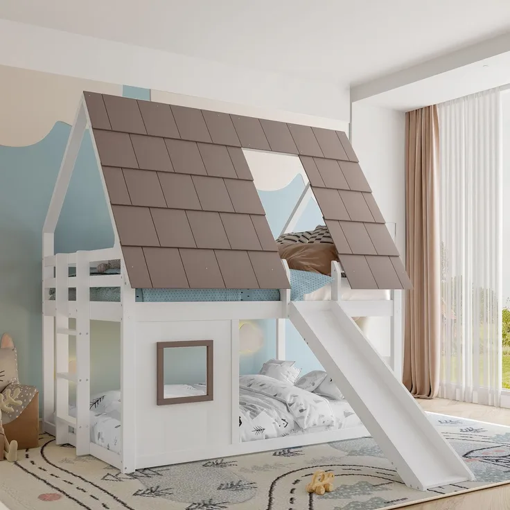 Holzhaus-Etagenbett 140x200 cm mit Dach, Leiter und Rutsche, Haus-Design, Weiß+Braun