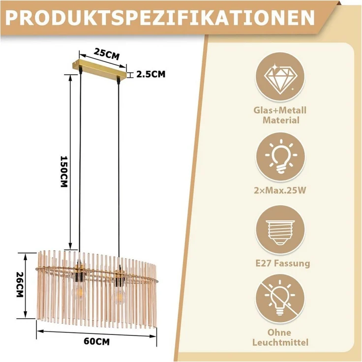 Nettlife Pendelleuchte Modern Gold/ Schwarz 2-Flammig,Glas,E27 Hängelampe mit Kristall Schirm, ohne Leuchtmittel, für Esszimmer Küche Wohnzimmer, Höhenverstellbar – Bild 3