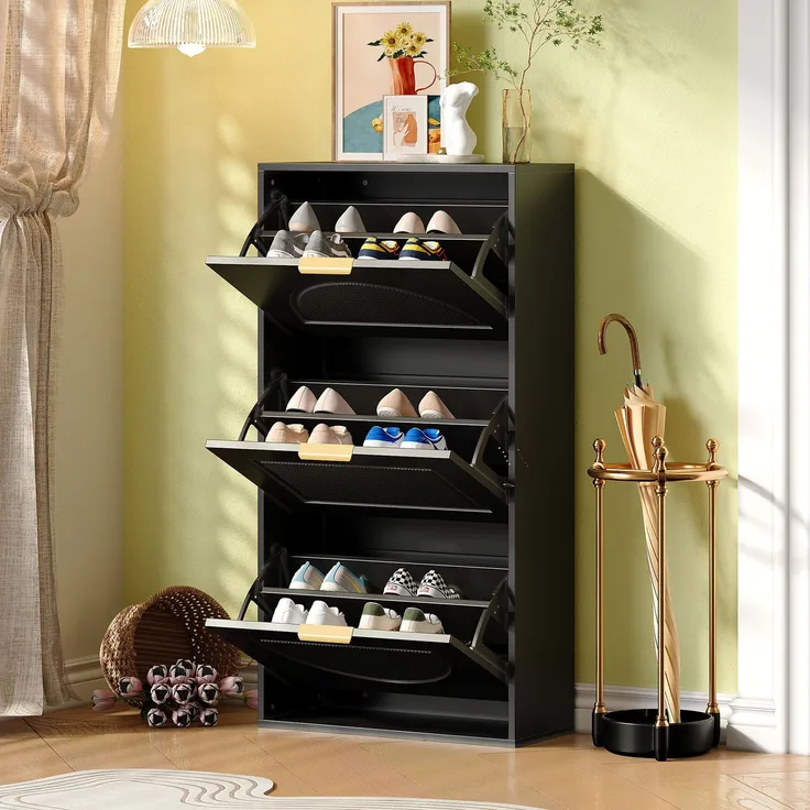 Kommode 60x24x114 cm, schmaler Schuhkipper in Schwarz aus MDF und Spanplatte, kippsicher