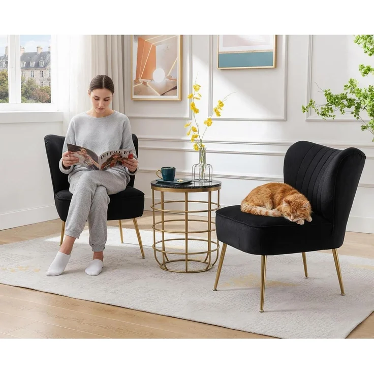 Sessel Samt Loungesessel Ohrensessel Metallbeine Lesesessel Schwarz – Bild 5
