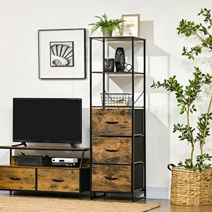 HOMCOM Kommode Sideboard mit 3 Schubladen aus Stoff, Regal und Griff (Regal und Griff, 1 St, Aufbewahrungsschrank mit Industrial Design), für Wohnzimmer Rustikal-Braun – Bild 2