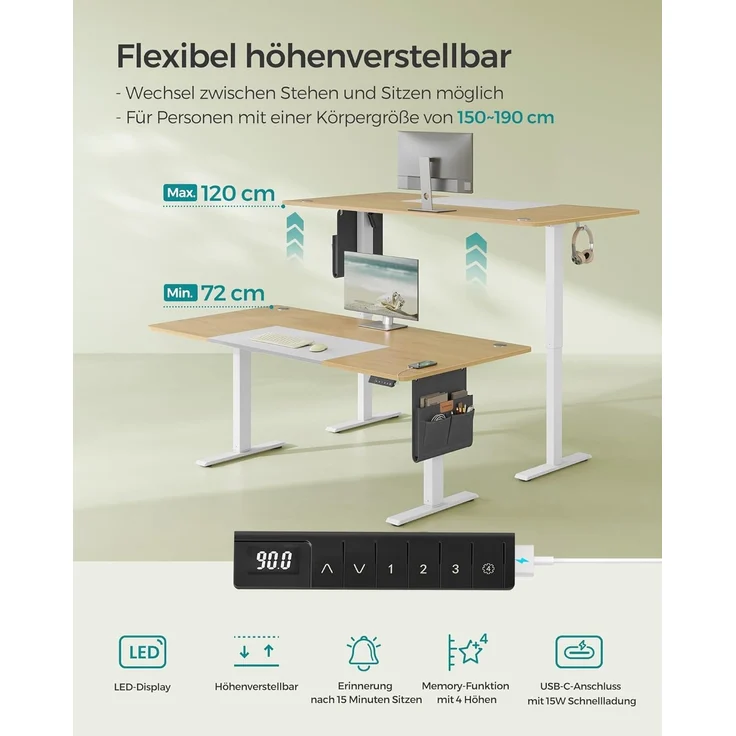 SONGMICS Höhenverstellbarer Schreibtisch elektrisch, 180x80 cm, stufenlos verstellbar, Memory-Funktion mit 4 Höhen, USB-C-Anschluss, natureichenfarben-mattweiß LSD028YD02 – Bild 4