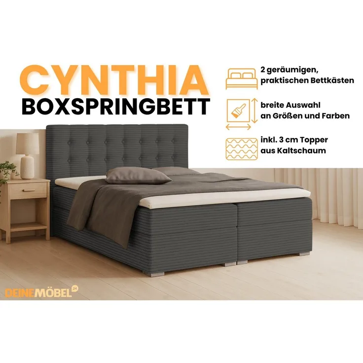 Deine Möbel 24 Boxspringbett CYNTHIA Boxbett Polsterbett Matratzen H3 oder H4 (Set, 3-St, Cord Cord-Samt 140x200 160x200 180x200 200x200), inkl. Bettkasten Topper Matratzen H3 H4