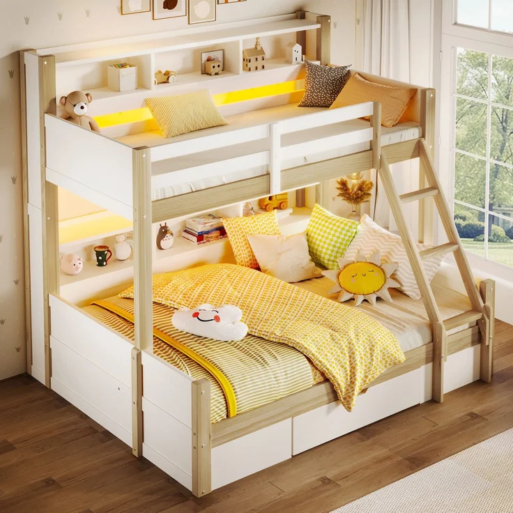 Etagenbett mit 2 Liegeflächen, LED-Beleuchtung, Schubladen, Regal, Rausfallschutz, Lattenrost, 90x200cm/140x200cm, Kinderbett, Massivholz – Bild 3