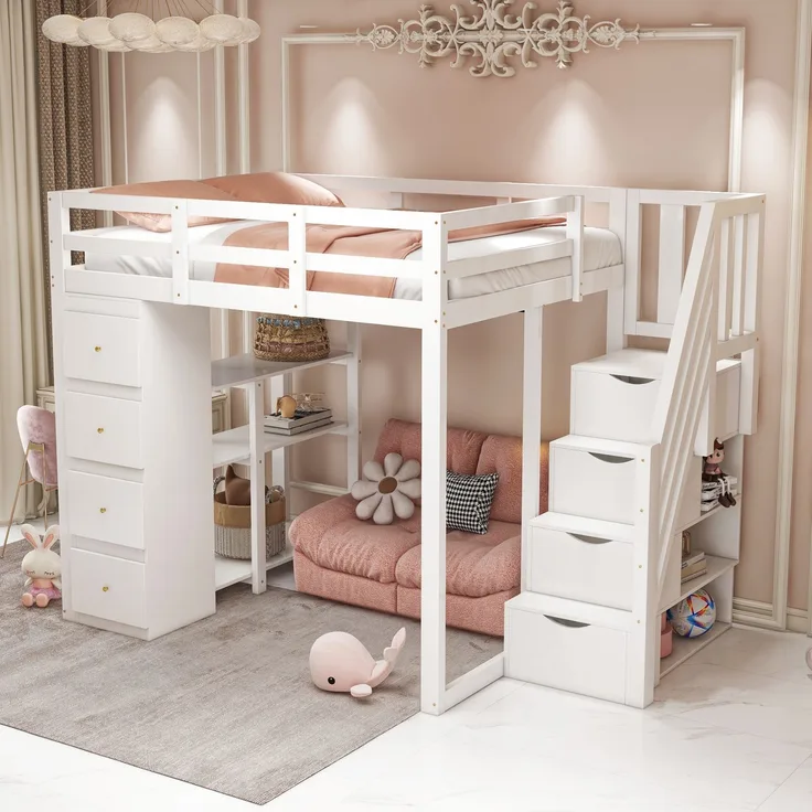 Kinder Hochbett aus Massivholz 140x200 cm mit Sicherheitsleiter, Schubladen & Regal – Stauraumbett, Jugendzimmer,weiß