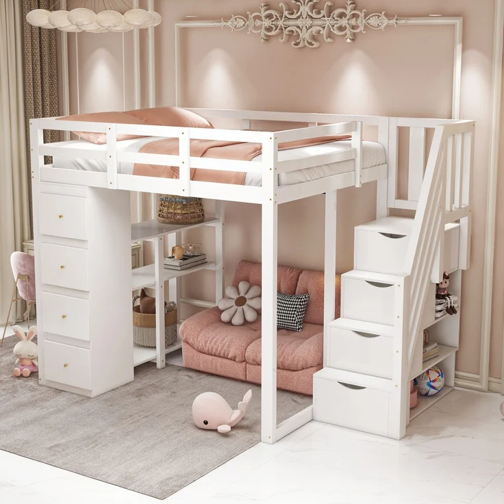 Kinder Hochbett aus Massivholz 140x200 cm mit Sicherheitsleiter, Schubladen & Regal – Stauraumbett, Jugendzimmer,weiß – Bild 1