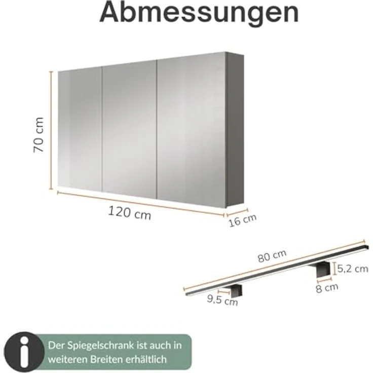 Planetmöbel ARIA Spiegelschrank Bad mit Beleuchtung 120 cm breit | Badschrank hängend mit Spiegel | Anthrazit, mit Leuchte und Steckdose, Spiegelschrank Gäste WC 120 x 70 x 16 cm – Bild 4