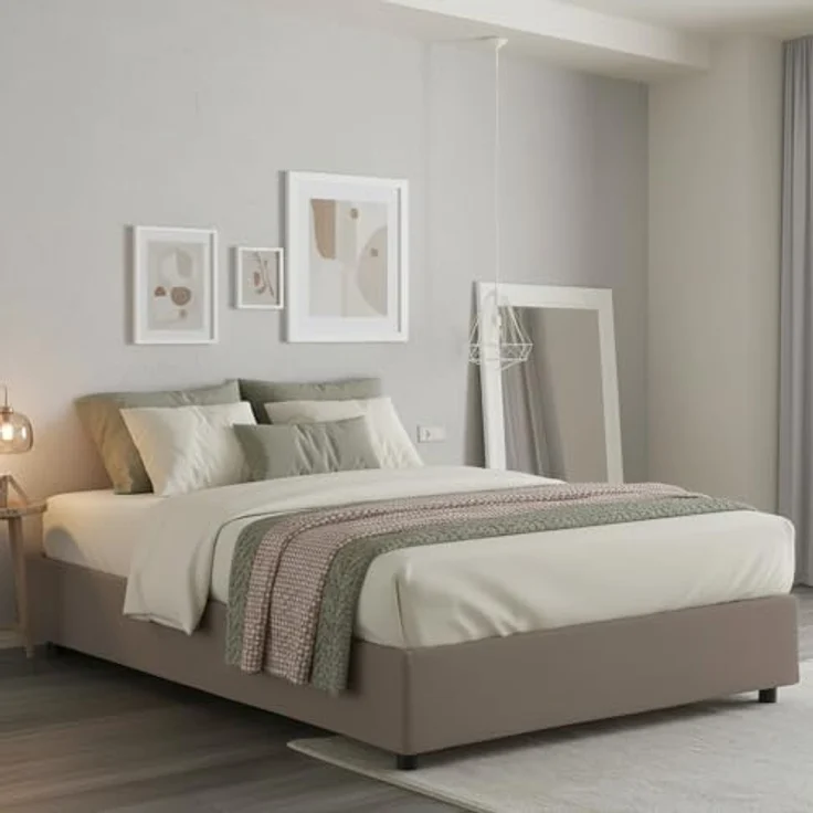 Talamo Italia - Maria Doppelbett, Bettkasten mit Stoffbezug, 100 % Made in Italy, Öffnung vorne, geeignet für Matratze 160x200 cm, Taupe – Bild 1