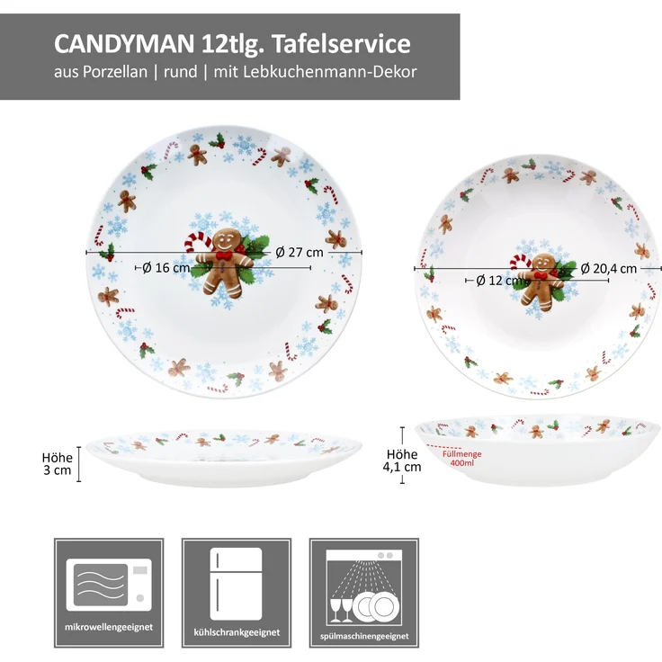 12tlg Tafelservice Candyman 6 Personen Essteller Suppenteller Weihnachten – Bild 6