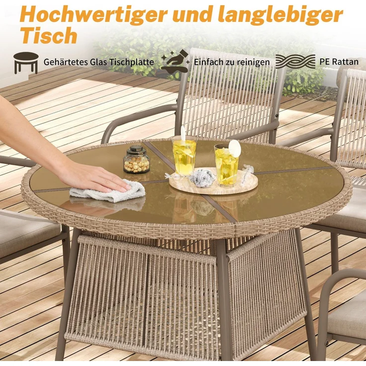 Gartenlounge-Set mit rundem Glastisch und 4 Stühlen, 5-teilig, Loungeset, Essgruppe für Garten – Bild 5