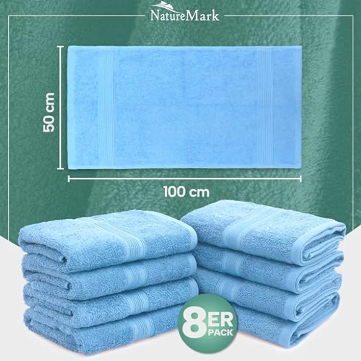 NatureMark 8 Handtücher Set - 100% Baumwolle - Saugfähige und langlebige Handtücher, Größe 50×100 cm, Hellblau – Bild 4
