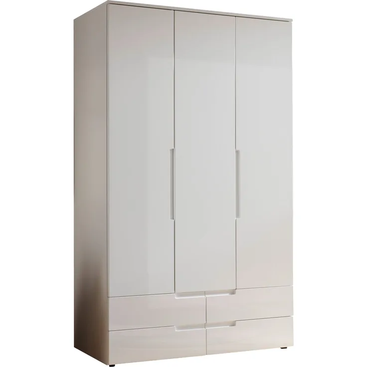 Kleiderschrank >Spice< 3 Türen, 4 Schübe, in Weiß / Weiß Hochglanz - 126x208x57 (BxHxT)