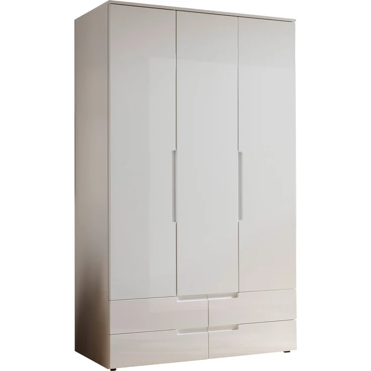 Kleiderschrank >Spice< 3 Türen, 4 Schübe, in Weiß / Weiß Hochglanz - 126x208x57 (BxHxT) – Bild 1