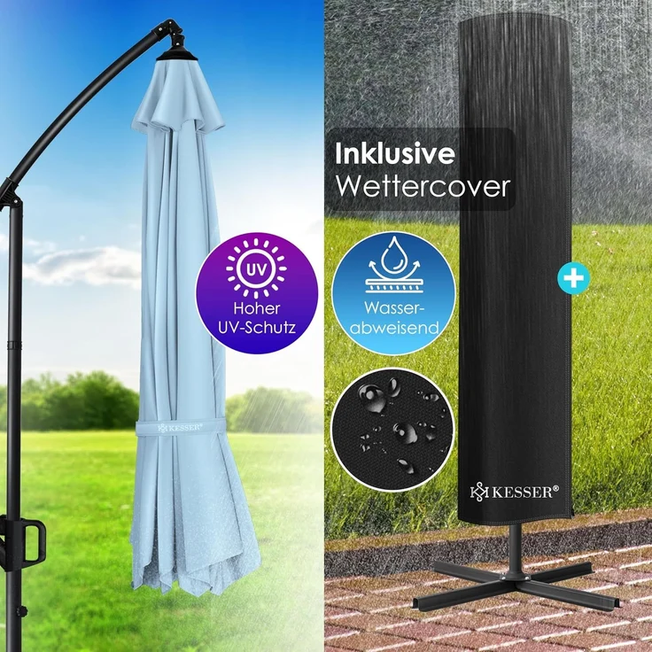 KESSER® Ampelschirm Holly Sonnenschirm Rechteckig ohne LED Solar inkl. Abdeckung + Windsicherung mit Kurbel | Kurbel-Schirm mit Ständer UV-Schutz Aluminium Wasserabweisend Ø350cm Gartenschirm Hellblau – Bild 5