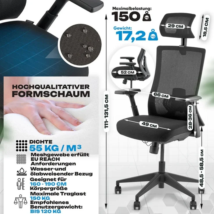 VALKENSTOL M3 PRO SCHWARZ Bürostuhl ergonomisch - 5 Jahre Garantie - Schreibtischstuhl tiefenverstellbare Sitzfläche - 3D Armlehnen - extra bequem – Bild 9