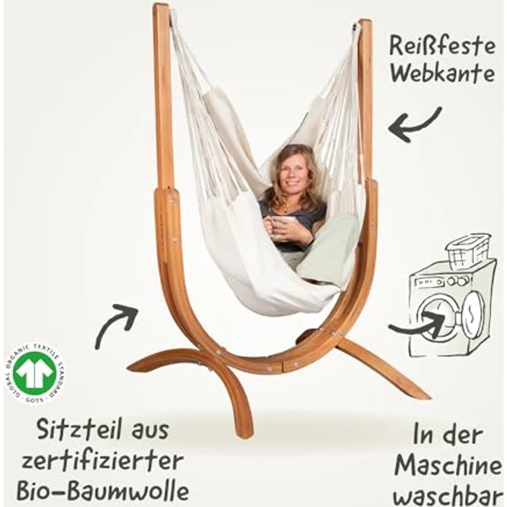 La Siesta 'Udine Organic Zebra' Hängesessel, weiß, Bio-Baumwolle mit Eucalyptus-Gestell, 115 x 180 x 125 cm – Bild 4