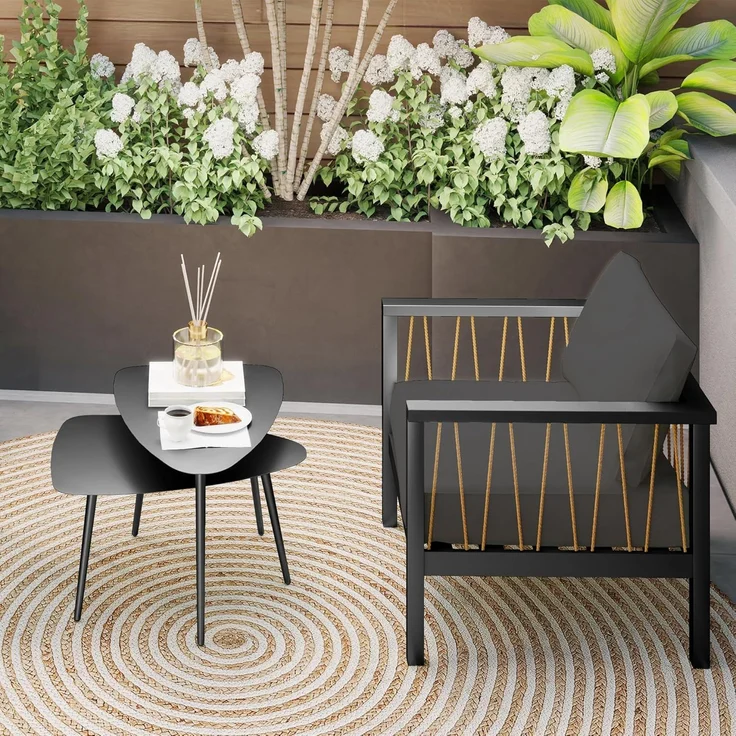 Outsunny Beistelltisch im Geometrischem Design (wetterfest Balkontisch, 2-St, 2er Set Couchtisch), aus Stahl, für Garten, Terrasse, Balkon, Schwarz – Bild 7