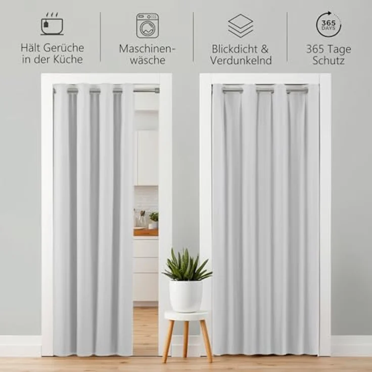 tinycurtains Türvorhang für alle gängigen Türgrößen, Thermovorhang (ohne Stange) Türgardine, Ösen (1 St), abdunkelnd, 100% Polyester, blickdicht weiß Purity 200x150cm Vorhang für Tür, Schrank & Fenster – Bild 6