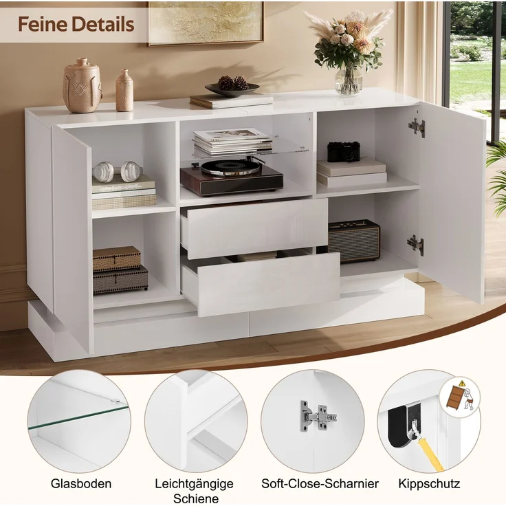 ZUBALIYA Sideboard 140x40x80 cm, mit LED-Beleuchtung, Hochglanz, mit 2 Türen, aus Spanplatte, Weiß – Bild 16