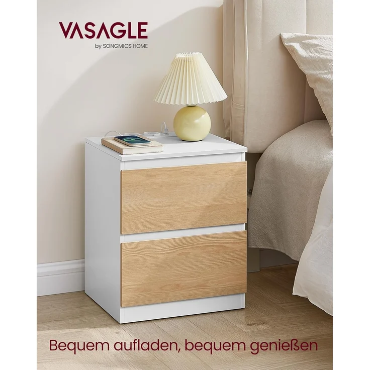 VASAGLE Nachttisch mit Steckdosenleiste, 2er Set, Beistelltisch, 2 Schubladen, 2 AC-Steckdosen, 2 USB-A-Anschlüsse, Wohnzimmer Schlafzimmer, modern, mandelgelb LET821Y02 – Bild 3